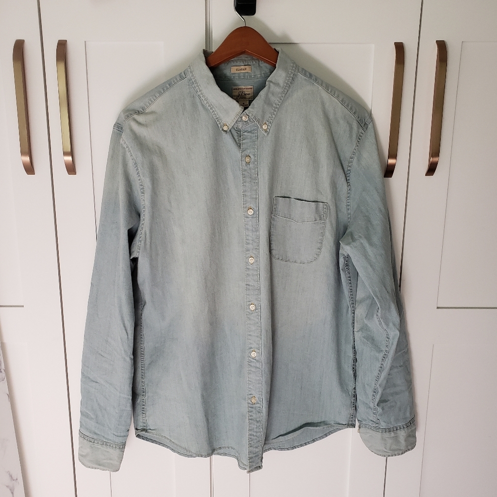 J Crew Shirt Mens XL Blue Stretch Classic Western Denim Long Sleeve Collared
